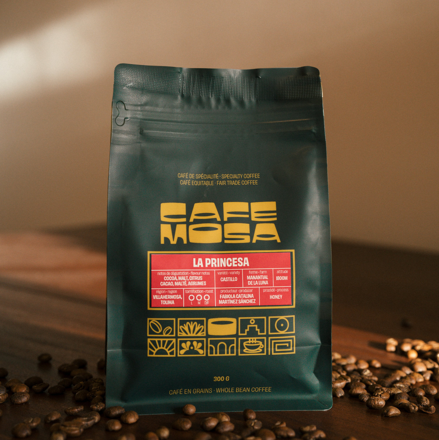 Image of La Princesa coffee from Café Mosa. Showcases a beautifully packaged bag of high-quality, single-origin coffee, known for its delicate flavour profile and artisanal craftsmanship.